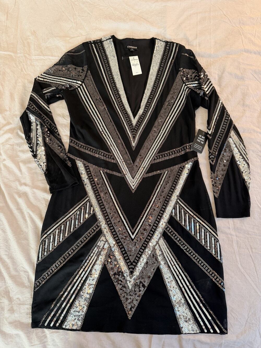 Express Sequin Party Dress Black Silver Women’s Sheer Sleeve Size Large Cocktail
